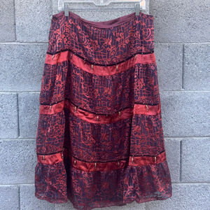 Vintage Boho Gypsy ICE Burnt Red Orange velvet Burnout Skirt Size 14